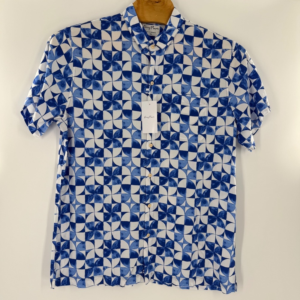 Kenny Flowers Mens XXL Blue White Geometric Tile Rayon Short Sleeve Button Shirt